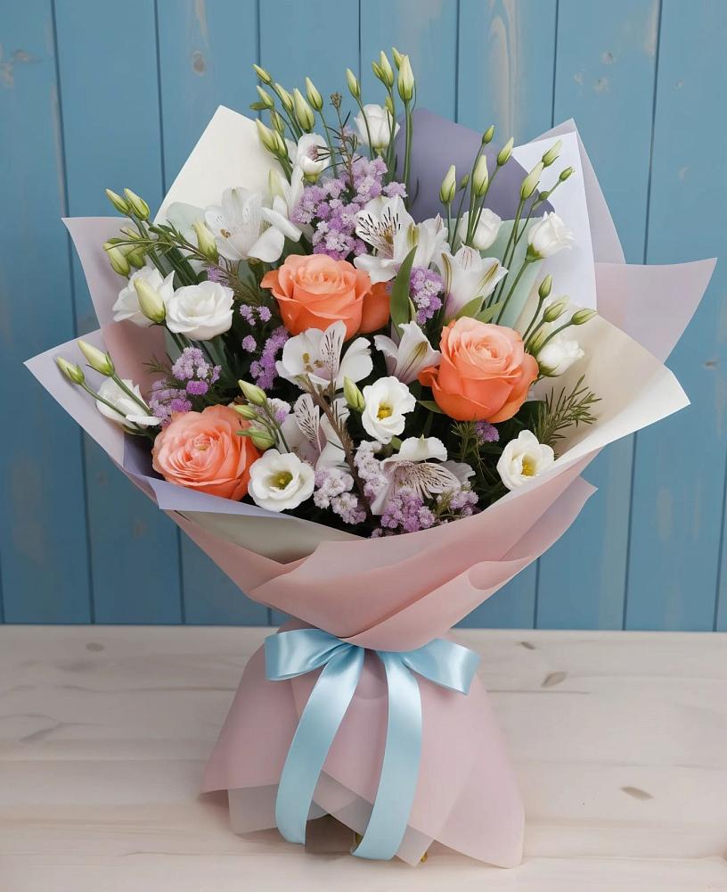 Букет цветов из: Лизиантусы, Розы, Альстромерии и Гипсофила в Началово