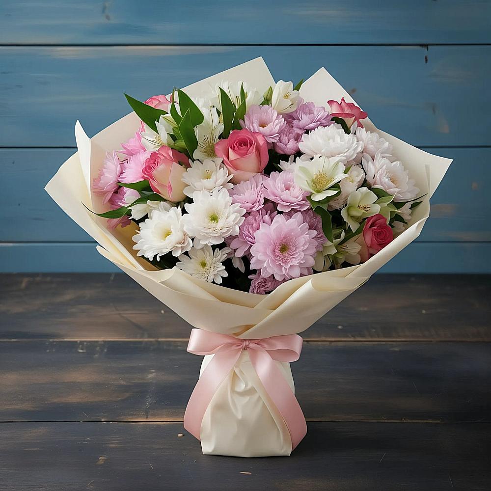 Букет цветов из: Хризантемы, Альстромерии и Розы в Началово